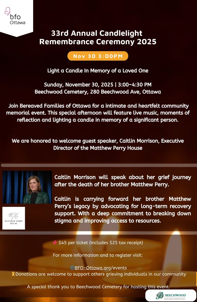 Register: canadahelps.org/.../candleligh…

This 33rd annual Candlelight Remembrance Event is an afternoon for people to be supported by a circle of community to honour their grief and commemorate the people in their lives who have died.