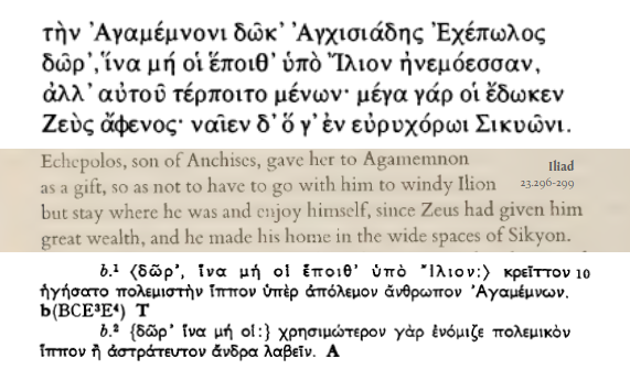 Echepolos bribed Agamemnon with a horse to avoid war, and Plutarch (Mor. 32f) traces these scholia back to Aristotle: ὀρθῶς δέ γε ἐποίησεν, ὡς Ἀριστοτέλης φησίν, ἵππον ἀγαθὴν ἀνθρώπου τοιούτου προτιμήσας, “he was right, as A. says, to prefer a good horse to such a man.”