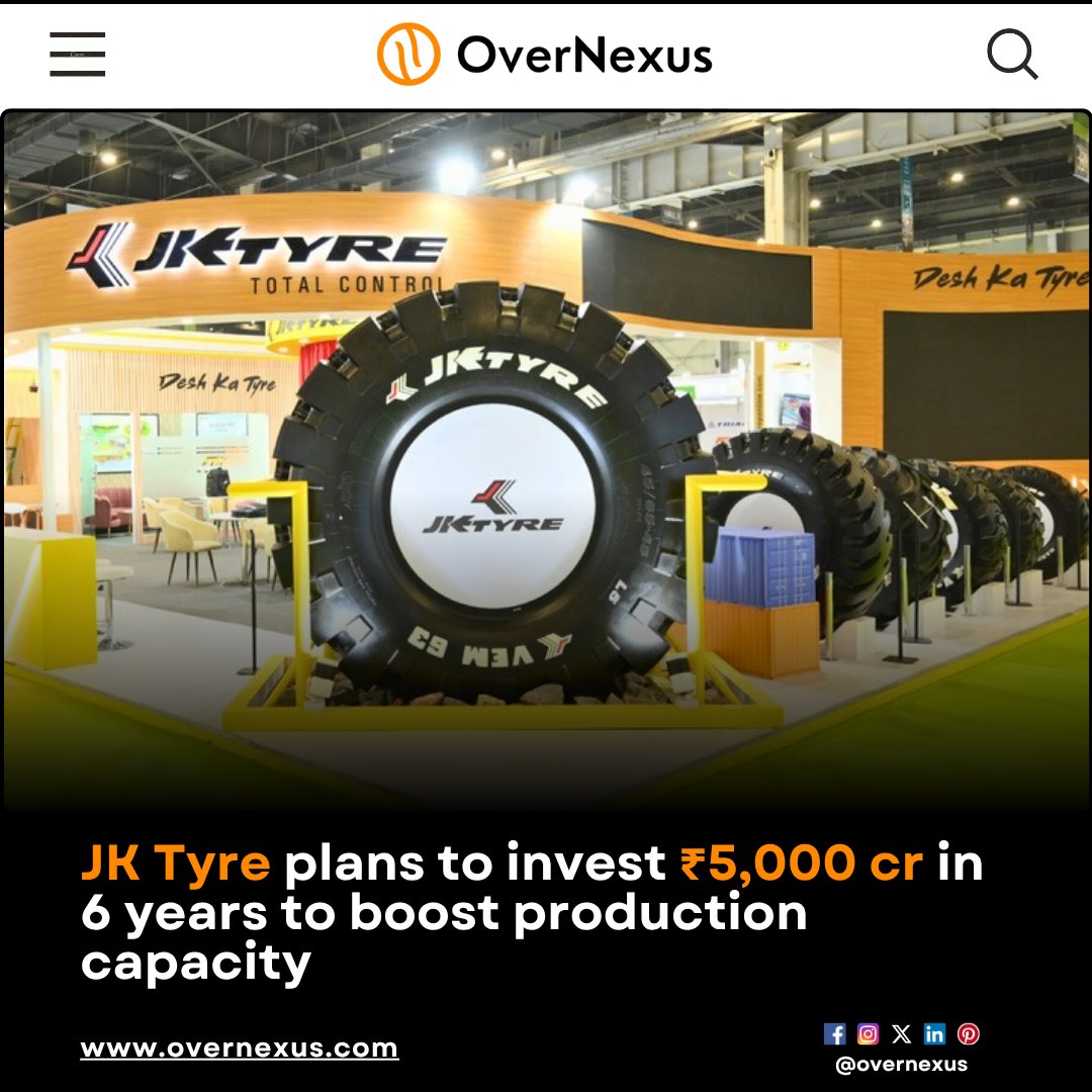 overnexusbiz's tweet image. JK Tyre and Industries plans to invest Rs 5,000 crore over the next 5-6 years to enhance production capacity, including export lines. Currently, they are investing Rs 4,000 crore to upgrade infrastructure.

#OverNexus #JKTyre #Investment #Production #IndianManufacturing