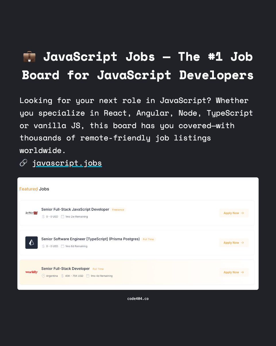 code404_co's tweet image. 💼 JavaScript Jobs — The #1 Job Board for JavaScript Developers
Whether you specialize in React, Angular, Node, this board has you covered—with thousands of remote-friendly job listings worldwide.
🔗 javascript.jobs
#JavaScript #WebDevelopment #RemoteJobs #DeveloperCareer