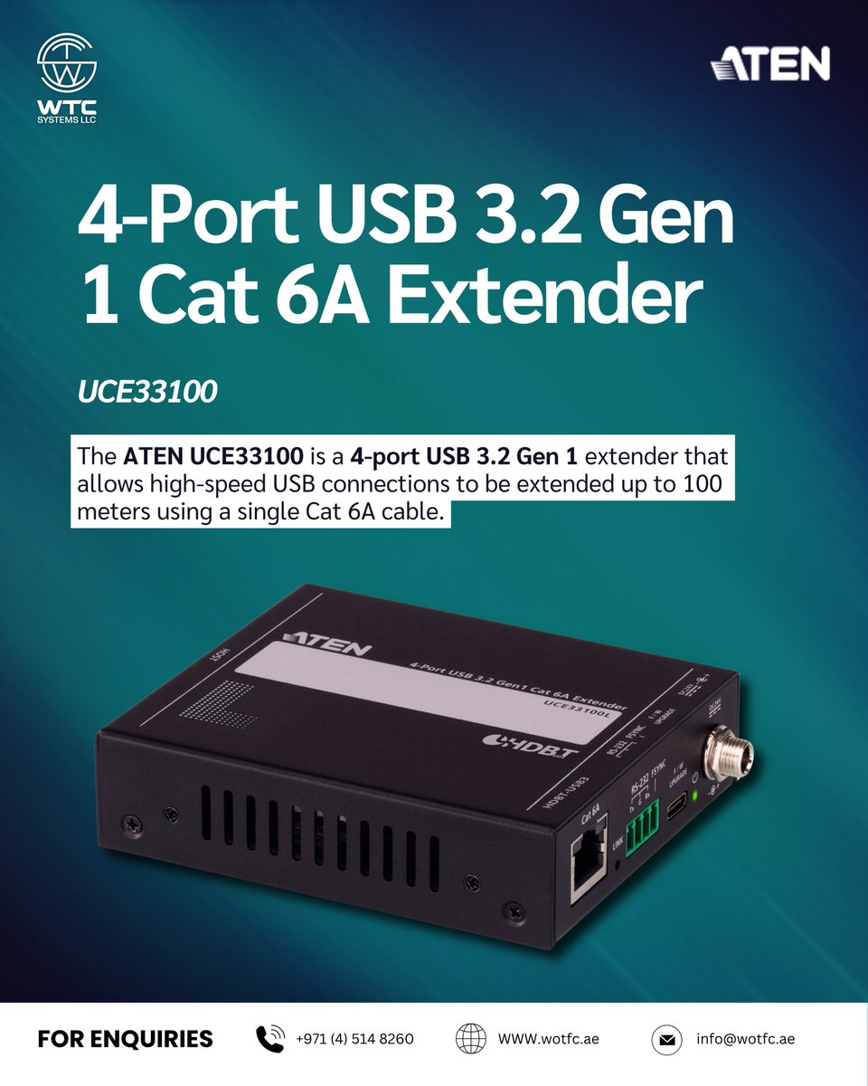 WTC_SYSTEMS_LLC's tweet image. The UCE33100 is a 4-port USB 3.2 Gen 1 extender that uses a Cat 6A cable to transmit uncompressed USB data at up to 5 Gbps over distances up to 100 m. 
#USBExtender #USB3 #Cat6A #HybridMeetings #ProAV #IndustrialAutomation #EducationTechnology #MedicalDevices #RemoteConnectivity