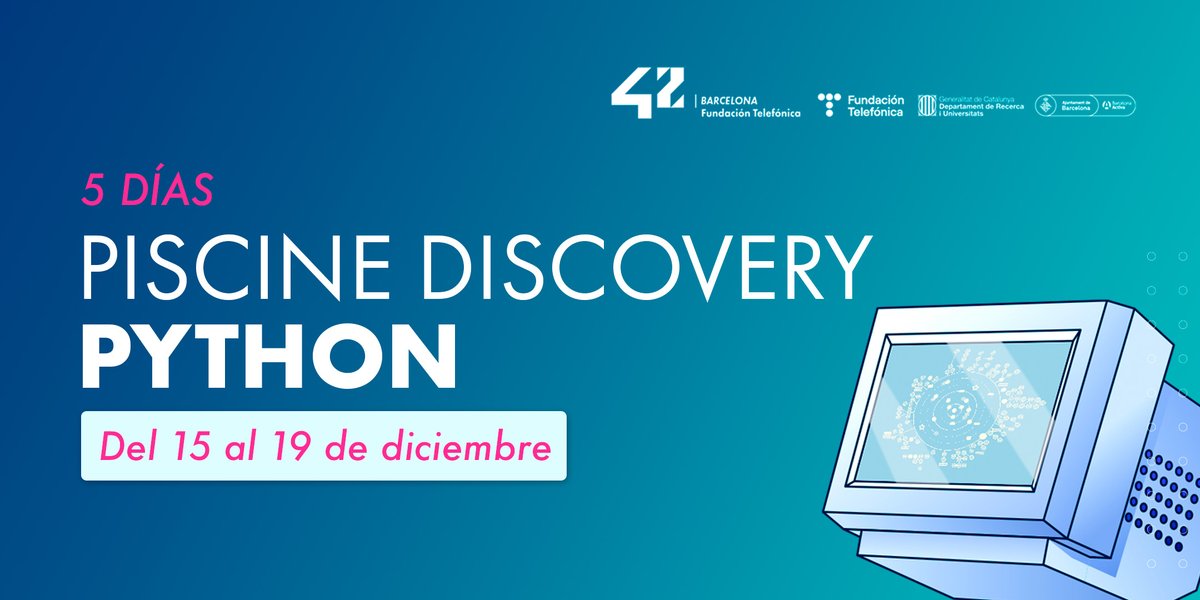 42BarcelonaFTef's tweet image. 🚀 Python és el llenguatge del moment: darrere de la IA, les apps i mil projectes tech.

Del 15 al 19 de desembre, aprèn-lo des de zero a la Piscine Discovery de 42 Barcelona.

100% pràctica, intensiva i gratuïta 💻

👉 eventbrite.com/e/191416326685… 

#42Barcelona #Python…