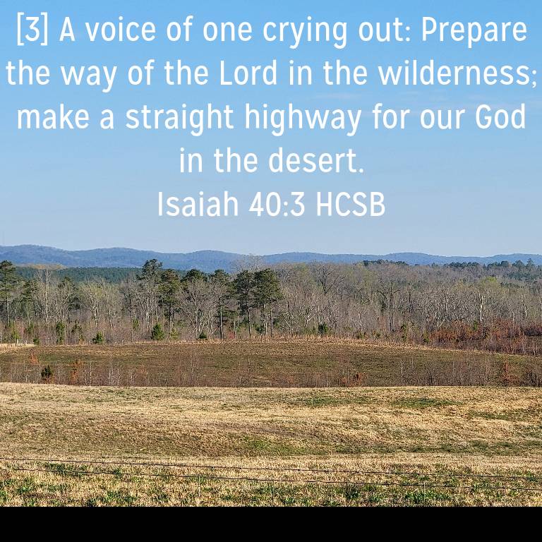 Isaiah 40:3 HCSB
[3] A voice of one crying out: Prepare the way of the Lord in the wilderness; make a straight highway for our God in the desert.

bible.com/bible/72/isa.4…