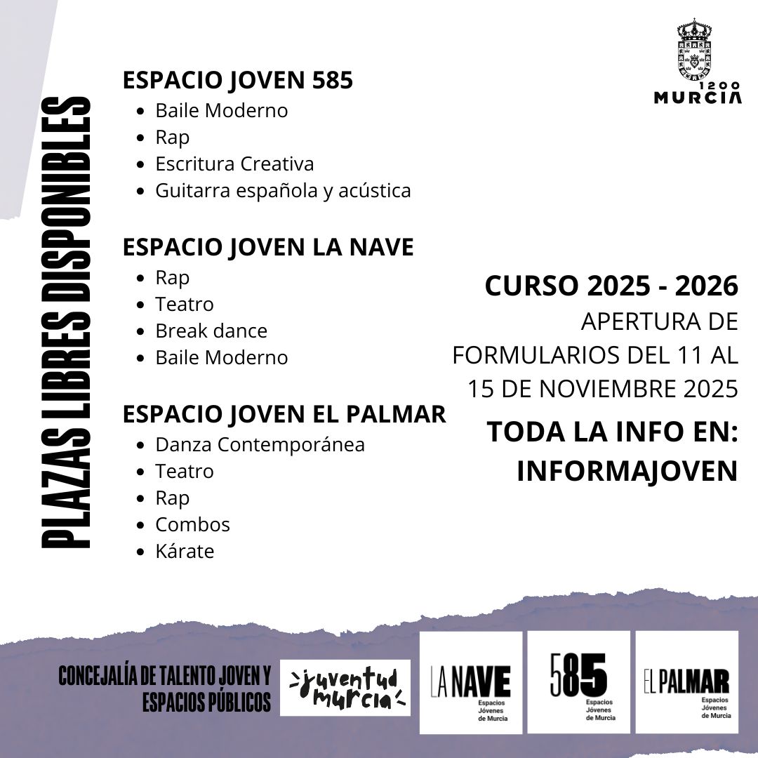 ÚLTIMAS PLAZAS/
Se abre el plazo para cubrir las últimas plazas de los Talleres Culturales de los Espacios Jóvenes de La Nave, El Palmar y 585. Más INFO: informajoven.org