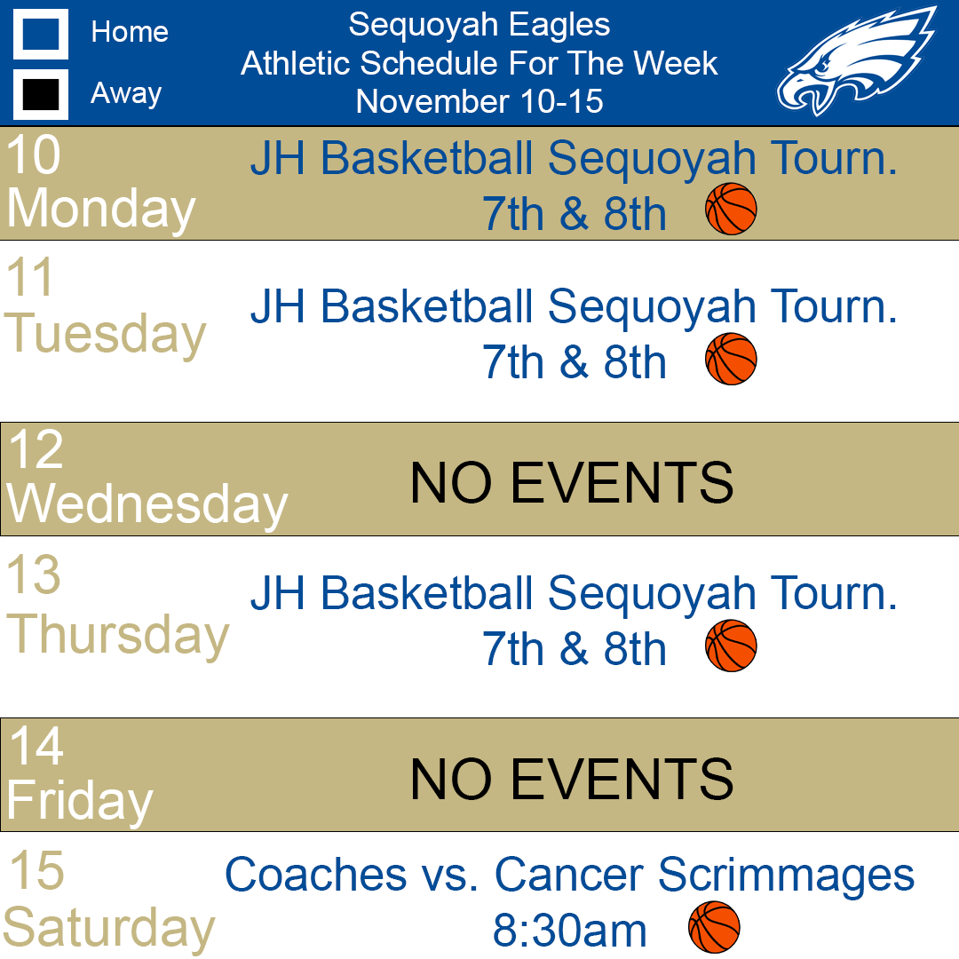 It's time to mark the calendar!!

Check out the graphic below to see all the Eagles Athletic events going on this week!

#comesoarwithus #sequoyaheagles