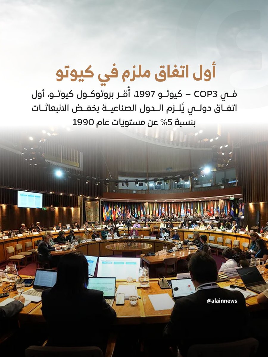 AlAinNews's tweet photo. أول اتفاق ملزم في كيوتو
في #COP3 – كيوتو 1997، أُقر بروتوكول كيوتو، أول اتفاق دولي يُلزم الدول الصناعية بخفض الانبعاثات بنسبة 5% عن مستويات عام 1990
#عينك_على_العالم https://t.co/TF9UnhDTP0