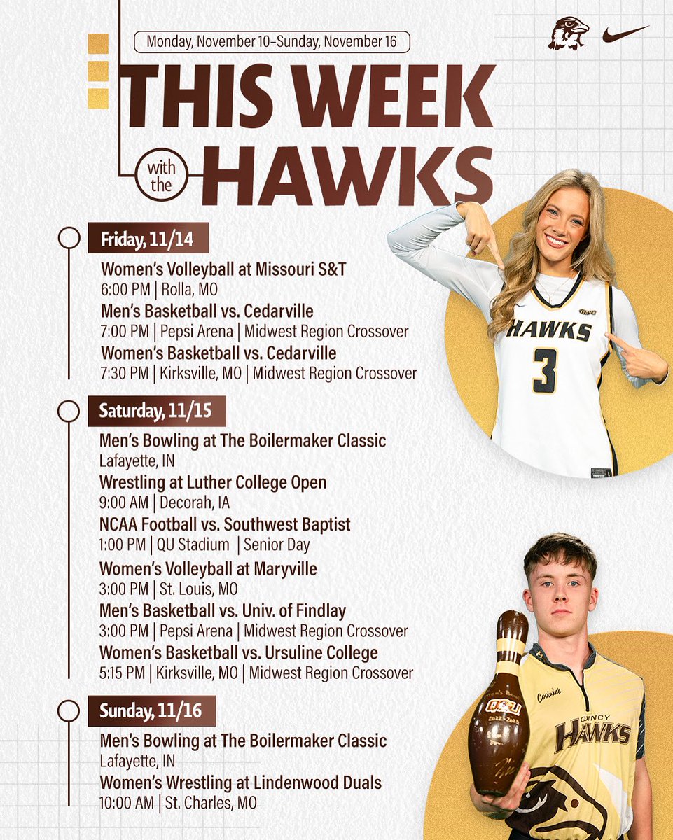 Basketball season tips off, it’s Senior Day for Football, and we’ve got a full slate of Hawks in action this week. 🦅

#HawkUp