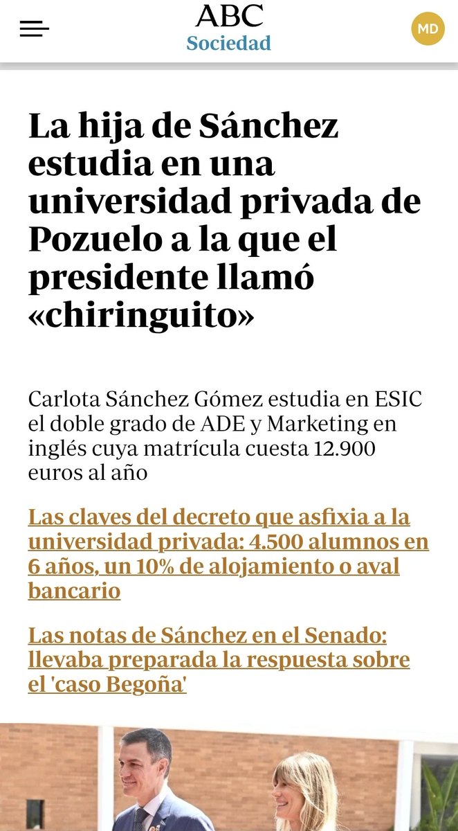 Ojo a esto:

La asfixia de la universidad pública obliga a Sánchez a matricular a su hija en una universidad/chiringuito privada. 
#AyusoDimisión