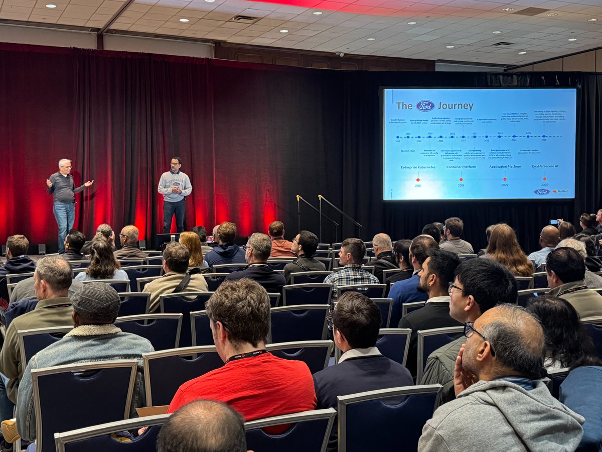 openshiftcommon's tweet image. Driving #innovation! Satish Puranam of @Ford Motor Company &amp;amp; Sitaram Iyer of @CyberArk took the stage at #OpenShiftCommons to share lessons from a real-world #OpenShift deployment at one of the world&apos;s biggest auto makers. See who else is speaking today: red.ht/Commons-Atlant….