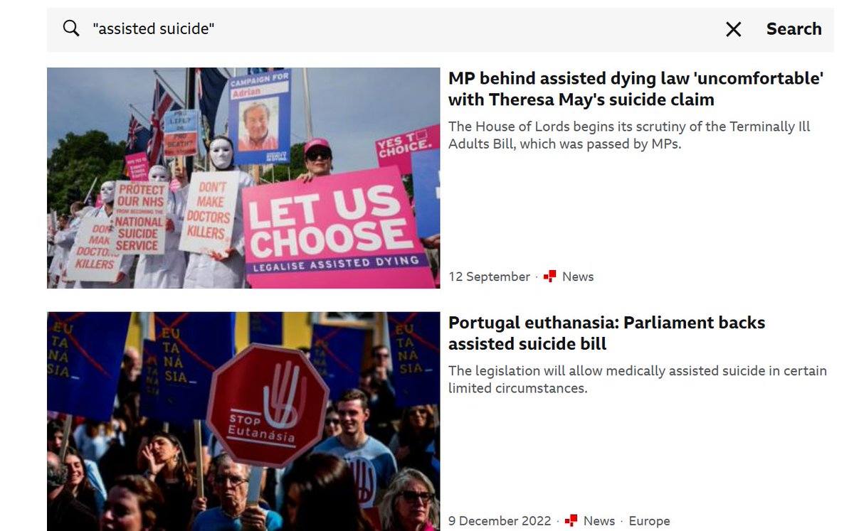 historykev's tweet photo. The @bbc is also institutionally biased in favour of #assistedsuicide #assisted dying. 1 Takes its lead from @dignityindying in refusing to use term "suicide" for the act of poisoning oneself to death. Here's what happens when you search their website: https://t.co/NFbRFhrG7g