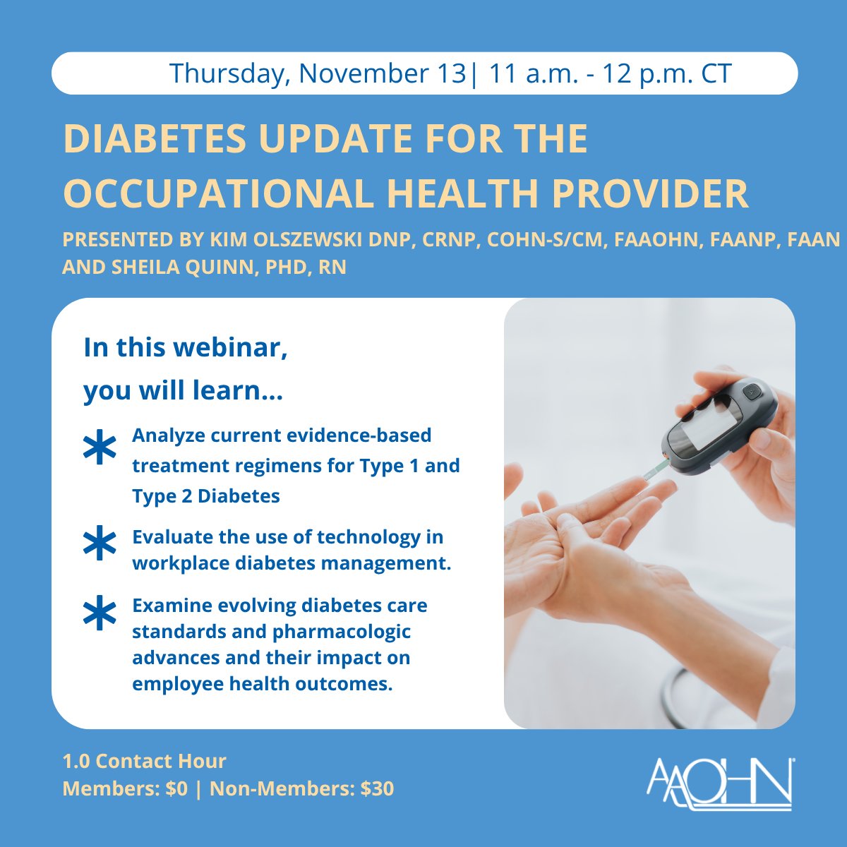 Gain the latest evidence-based insights on diabetes management in the workplace during this live webinar on Thursday, November 13, at 11 a.m. CT. Learn about treatment options, evolving care standards, and strategies to support employee self-management. aaohn.users.membersuite.com/events/a7e69e8…