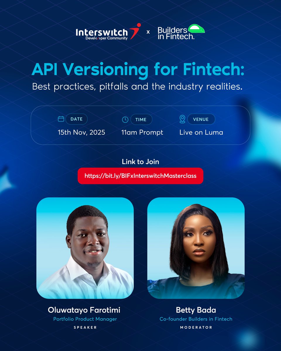 APIs are Nigeria's payments backbone but poor versioning breaks integration and erodes trust.

Join us and our friends <a href="/B_InFintech/">Builders in Fintech</a> on Saturday to learn versioning fundamentals, strategies for fragmented rails, managing deprecations, and more.

Register: luma.com/olq57r4p
