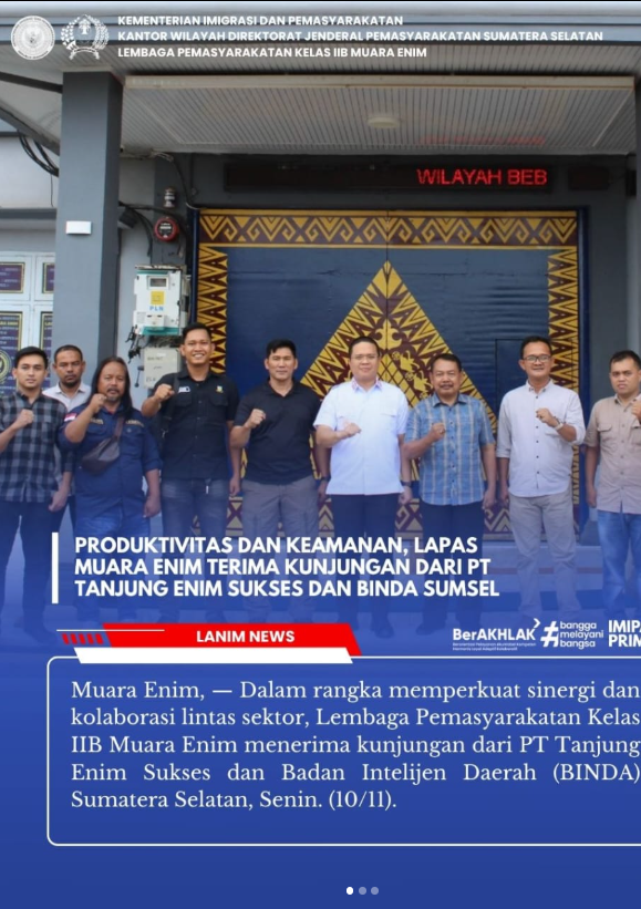 LPMuaraEnim's tweet photo. Produktivitas dan Keamanan, Lapas Muara Enim Terima Kunjungan dari PT Tanjung Enim Sukses dan BINDA Sumsel https://t.co/HJ2ZUOByiA
