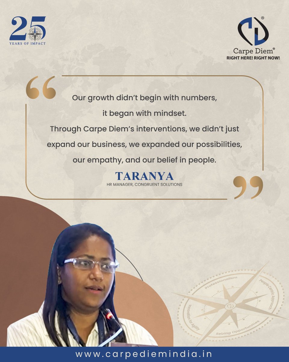 Ms. Taranya from Congruent Solutions shared how transformation begins not with numbers, but with mindset.

Through #CarpeDiem’s interventions, Congruent didn’t just scale, they grew in empathy and in belief.

#LeadershipWithPurpose #PeopleFirst #Transformation #GrowthMindset