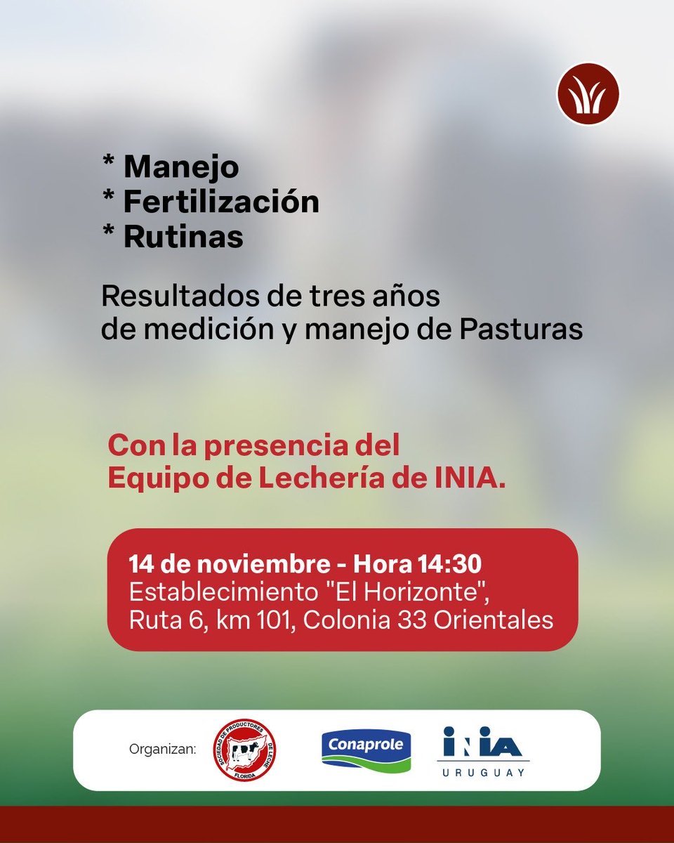 _splf's tweet image. Todo lo que tenés que saber sobre el manejo del pasto para lograr óptimos resultados! 🌱
➕cosechas ➕ reservas ➖costo 

🗓️ Viernes 14 de Noviembre
⏰ Hora 14:30
📍 Establecimiento “El Horizonte” de Irene Cruz y Leandro Alanís, Colonia 33 Orientales.