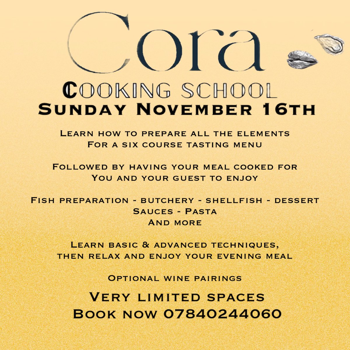 THIS SUNDAY
Learn to prepare a six course tasting menu and then relax with a glass or few of wine while I cook it for you

07840244060
Spaces are limited please share