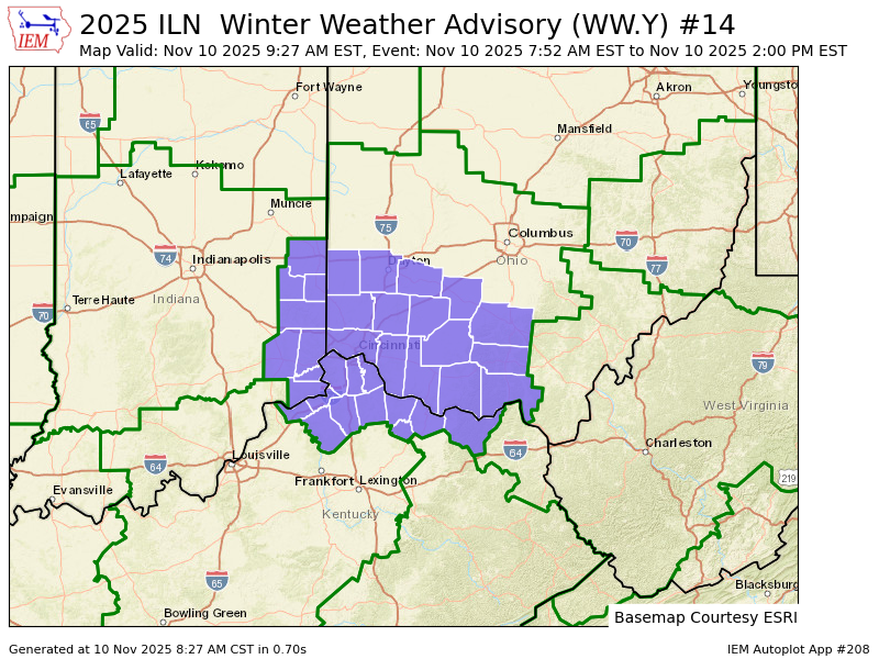 "Winter Weather Advisory" is in effect until 2 PM EST this afternoon.
- Snow accumulations up to 1 inch. Plan on slippery road conditions. 
More NWS weather info/updates at: weather.gov/iln