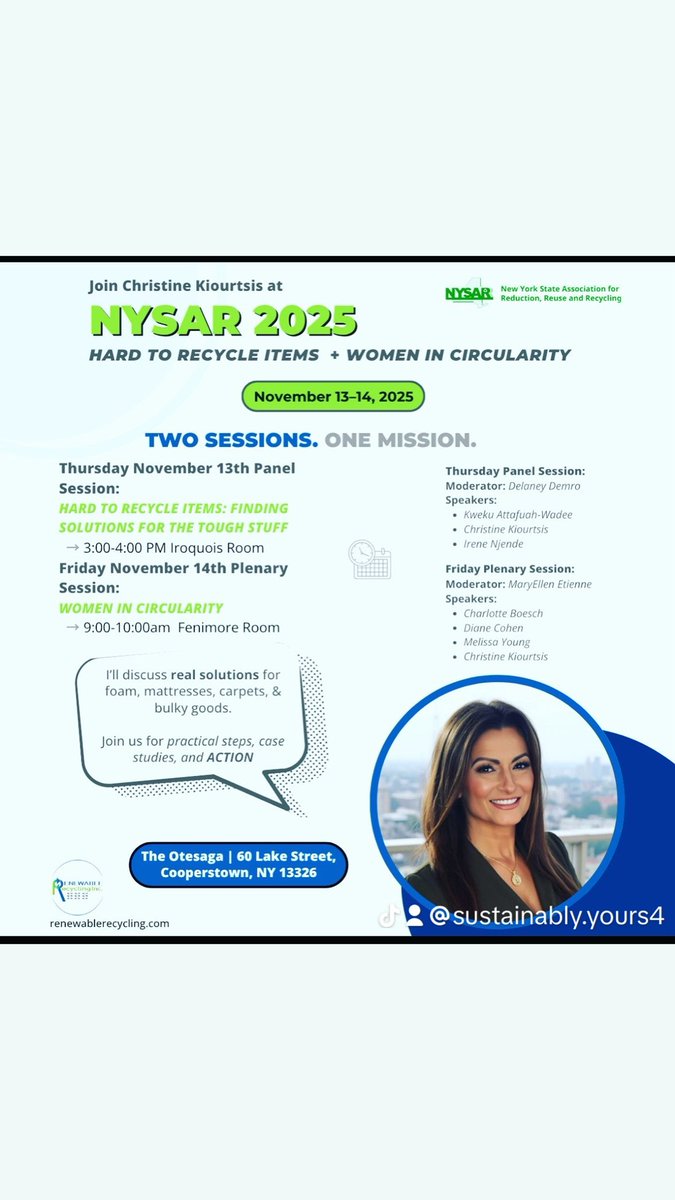 I’m excited to speak at NYSAR3 2025 on 'hard-to-recycle materials' and join the Women in Circularity plenary. 
Join me Nov 13–14 for practical ideas you can use right away. 
Because tough to recycle materials deserve clear answers.
#NYSAR3 
#WomenInCircularity 
#CircularEconomy