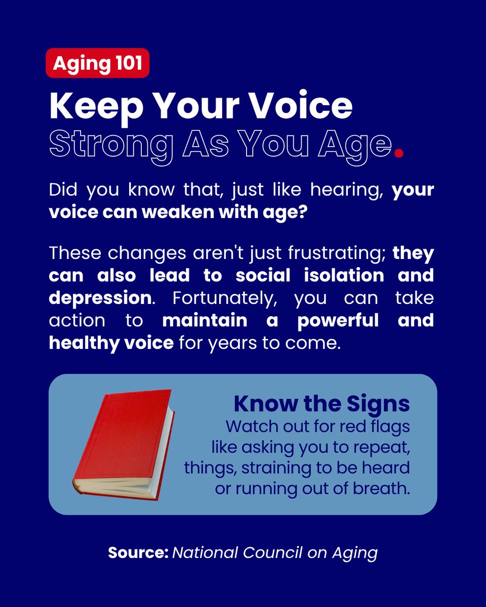 NHCOA's tweet photo. #Aging101 | Difficulty #communicating can lead to social withdrawal and depression. Voice problems related to aging must also be evaluated and treated. 🗣💬
Vocal changes can contribute to problems, but you can take steps now to keep your #voice strong and healthy.✅ https://t.co/AWESRwmCYr