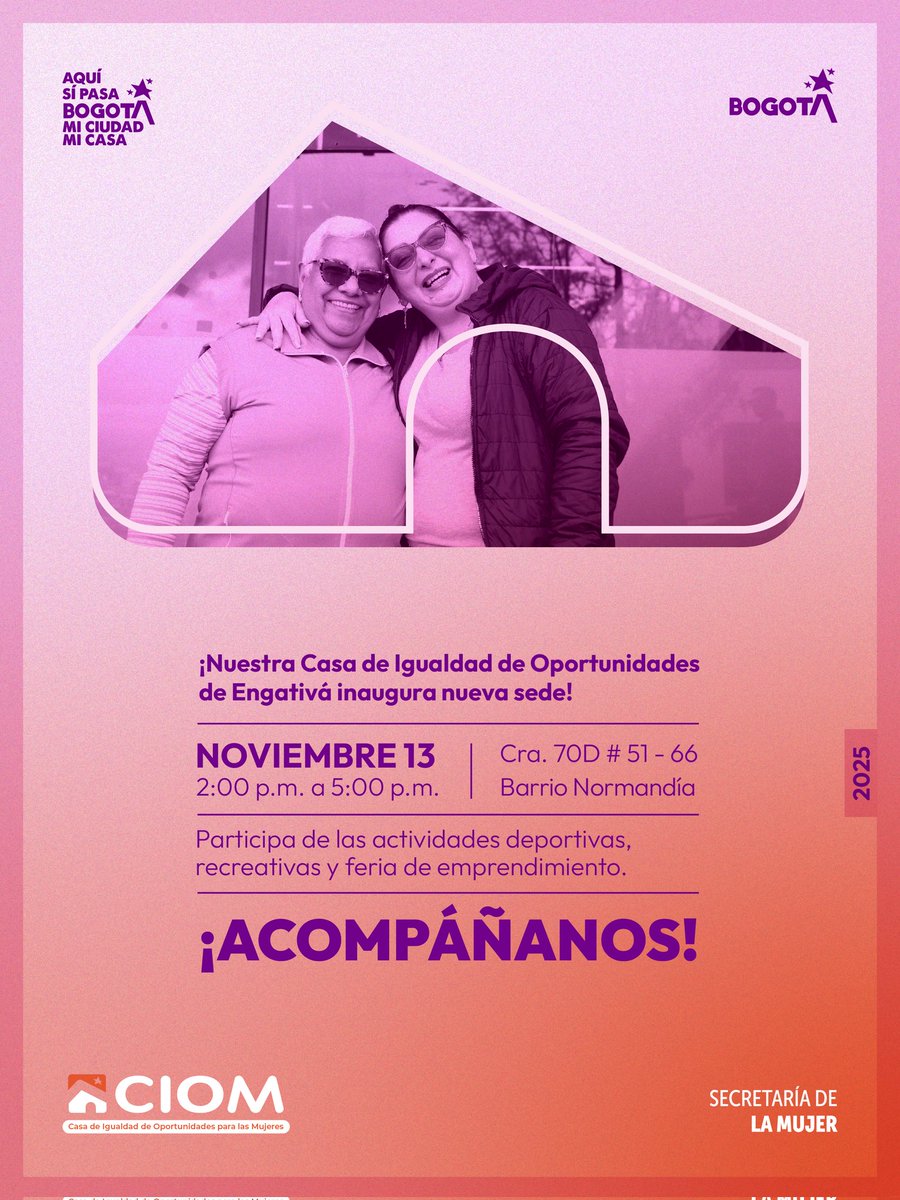 secredistmujer's tweet photo. ¡La #CIOM de Engativá tiene nueva sede y queremos que tú hagas parte! 🙌
🗓️ Te esperamos este jueves 13 de noviembre con una programación de actividades deportivas, recreativas y feria de emprendimientos.
🕑 2:00 p.m.
📍Cra 70D # 51-66 barrio Normandía.
#AquíSíPasa #CIOM https://t.co/9VLzdWKXwl