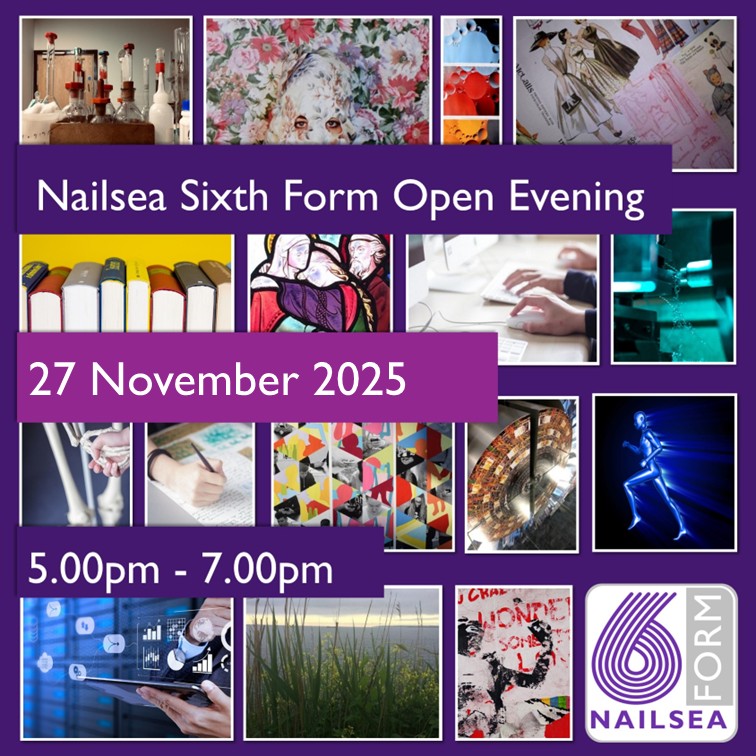 Sixth Form Open Evening - 27.11.25  
 
Info regarding our 2026-28 sixth form offer is now available: nailseaschool.com/sixth-form/app… 
There are NEW courses being launched this year, &amp; after last year's 'outstanding' review by Ofsted, it's an exciting time for our Post 16 offer!