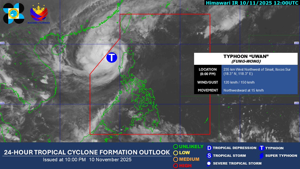 WEATHER UPDATE | As of 8:00 PM today, 10 November 2025, Typhoon "UWAN" (Int'l Name "FUNG-WONG") is being monitored INSIDE the Philippine Area of Responsibility (PAR).

Source: DOST-PAGASA

#UwanPH
#BawatSegundoMahalaga
#NDRRMC