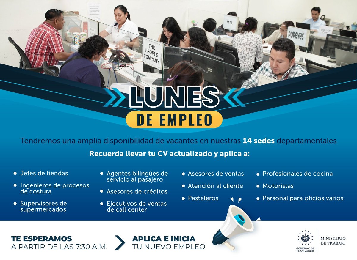 ¡Hoy es Lunes de Empleo! Esas y otras vacantes más estarán disponibles en nuestras 14 sedes departamentales a nivel nacional, recuerda llevar tu CV impreso o digital
