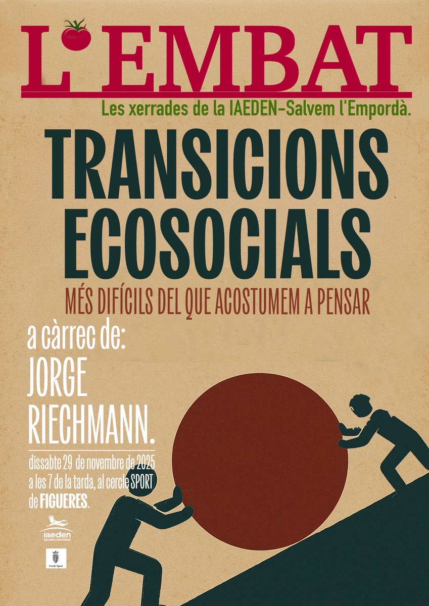 Qui més qui menys reconeix la necessitat d’un canvi en la manera de produir i consumir. El dia 29 de novembre, a Figueres, <a href="/JorgeRiechmann/">Jorge Riechmann</a>   ens oferirà elements per reflexionar sobre transicions ecosocials