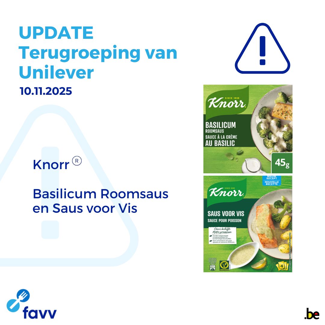 FAVV_Consument's tweet image. Update van Productterugroeping van Unilever
Producten: Basilicum Roomsaus en Saus voor Vis van het merk Knorr
Probleemstelling: mogelijke aanwezigheid van stukjes metaal en rubber
Meer info via: favv-afsca.be/nl/producten/t…