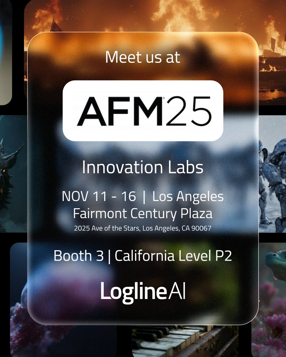 LoglineAIStudio's tweet image. After two incredible market showings at MIPCOM 2025 and DICM 2025, we’re thrilled to share that LoglineAI is heading next to American Film Market 2025, Los Angeles!

Excited to connect with studios, producers, and storytellers at AFM 2025!

#LoglineAI #AFM2025 #AIinMedia