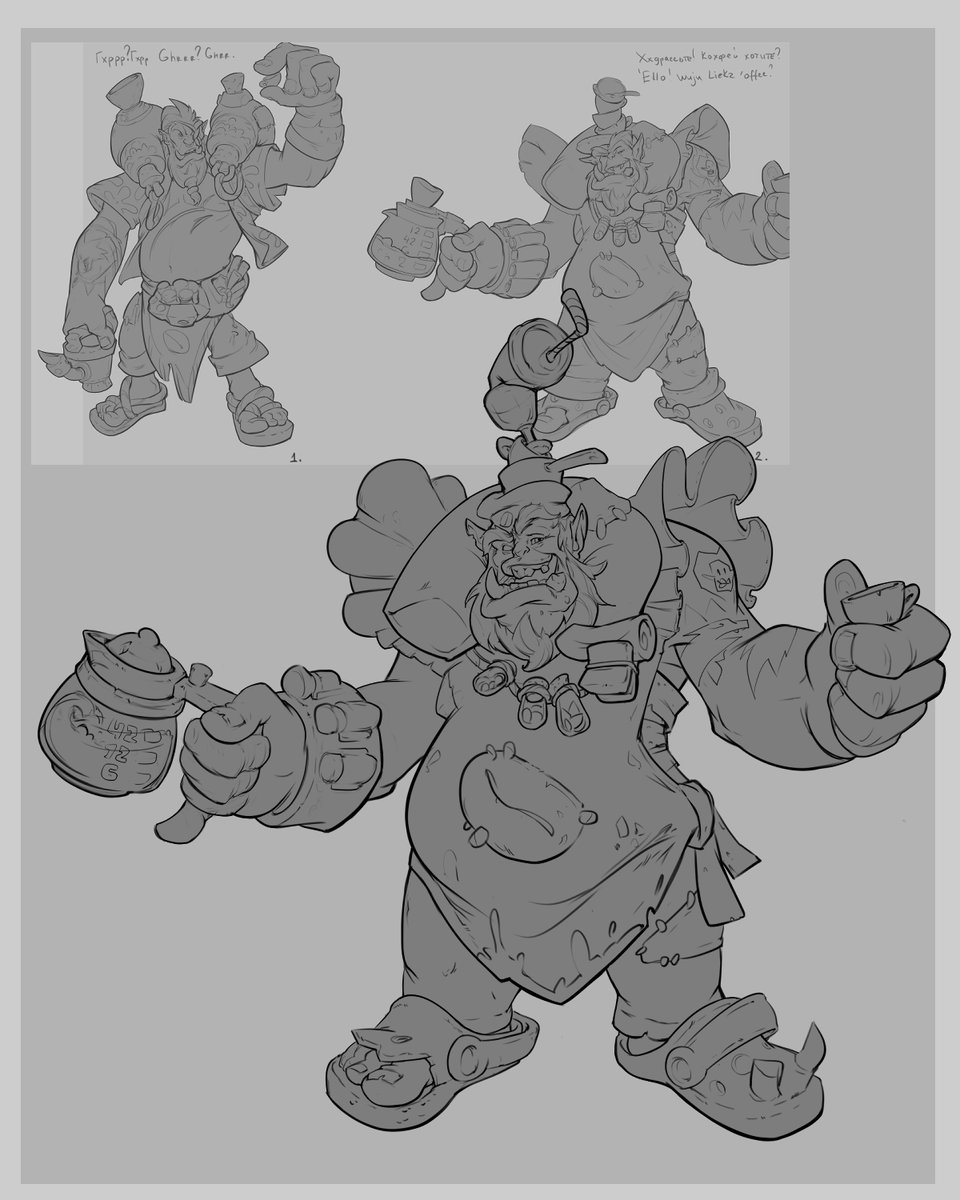 elvirameows's tweet image. Some progress on the fantasy character and prop design mentorship with @oy_fir 

This orc has always wanted to become a coffee seller. He might use water from the nearest puddle and the cups keep getting crushed but he is doing his best

#characterdesign #propdesign #orcdesign