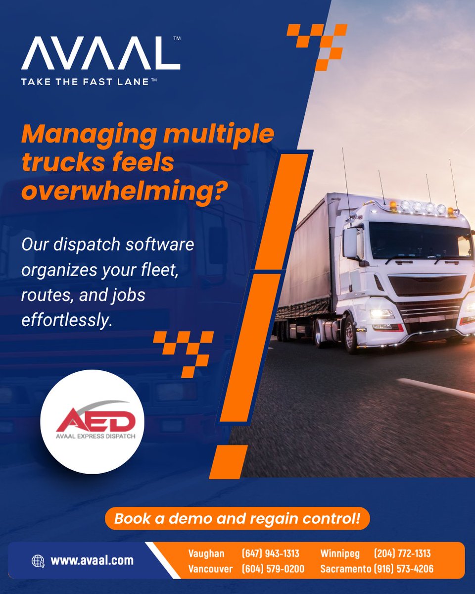 avaaltech's tweet image. Managing multiple trucks feels overwhelming?

Our dispatch software organizes your fleet, routes, and jobs effortlessly.

Book a demo and regain control!

🌐 avaal.com

#DispatchSoftware #FleetManagement #TruckingSolutions #Avaal #LogisticsSoftware #TruckDispatch