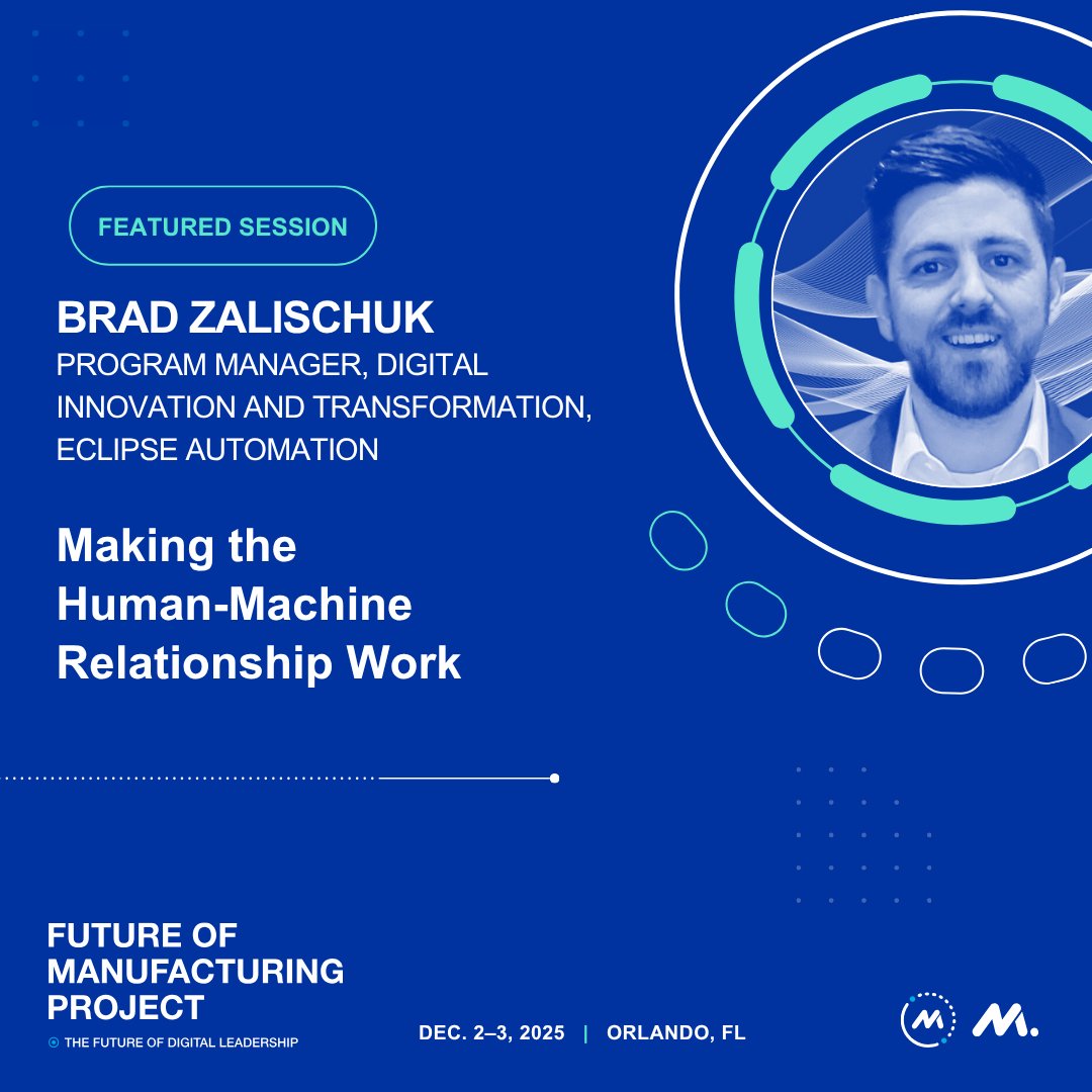 MfgExecutive's tweet photo. As #AI & automation advance, how can people & machines move forward together?
At our #FutureofMFG event, @eclipseautomate's Brad Zalischuk will share the 3Cs Framework and the benefits of unified #data & shared digital environments.
Register now: https://t.co/m785RmZN71 https://t.co/coU9Rpn6Oz