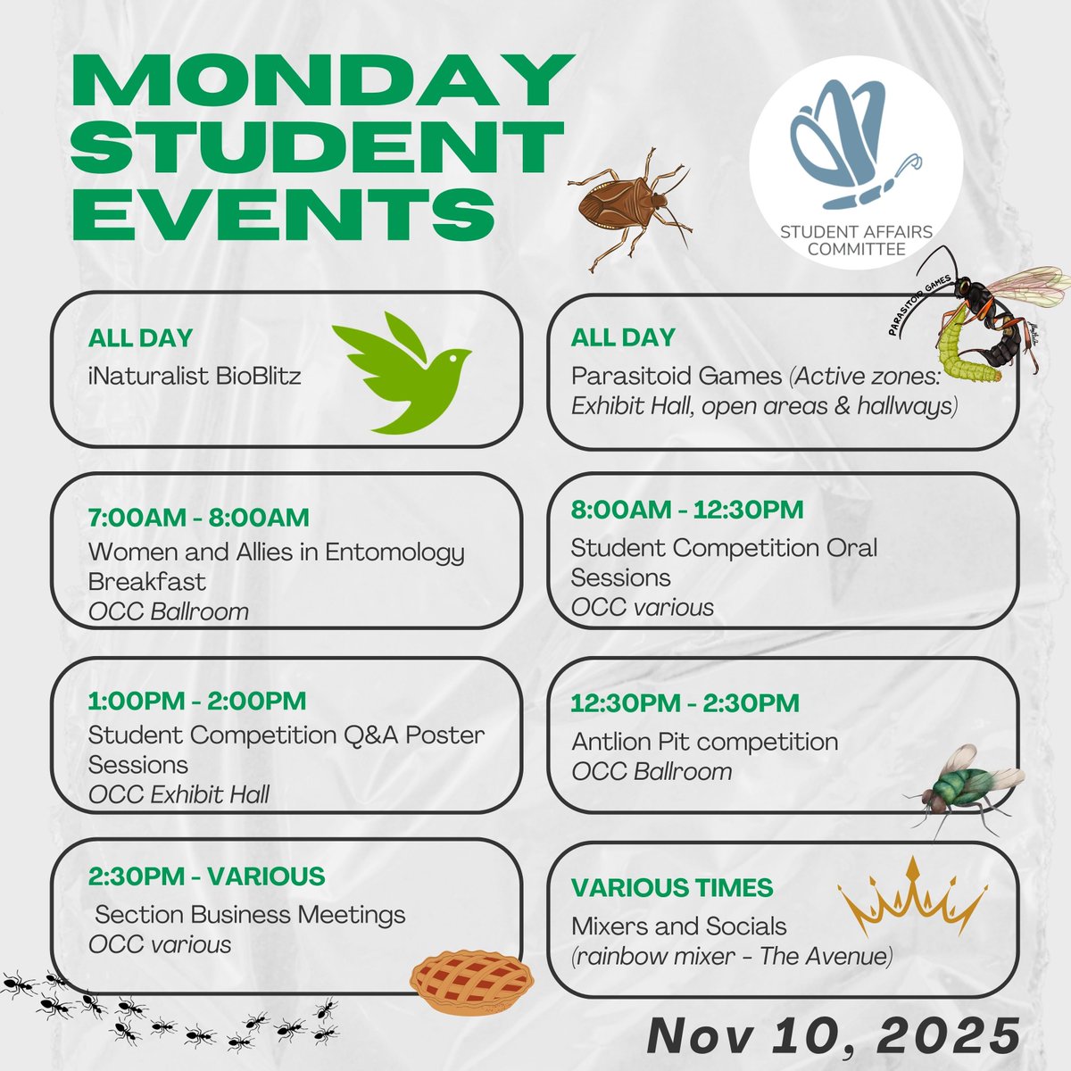 For students at #EntSoc25: Good luck today! 🌟 Support your fellow students as they bravely present their work in oral and poster sessions throughout the day. Once the sun goes down, grab some delicious food, a 🍻, and let loose at the various mixers around Portland.