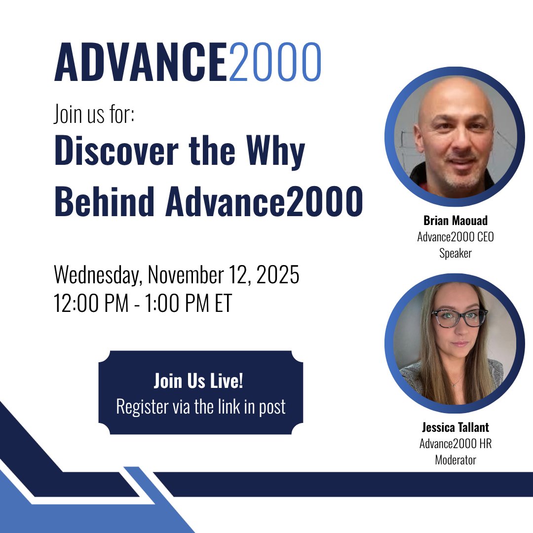 Advance2000's tweet photo. Join us for a candid and inspiring conversation with Advance2000 CEO Brian Maouad as we explore the purpose, vision and values driving our innovation and commitment to clients every day.

Discover what’s shaping the future of Advance2000 and how our mission continues to evolve to meet the needs of a changing world.

Wednesday, November 12 | 12–1 PM ET
Save your spot today: https://t.co/Qw5qSEXQ82

#Advance2000 #OurWhy #Leadership #Innovation #BusinessGrowth