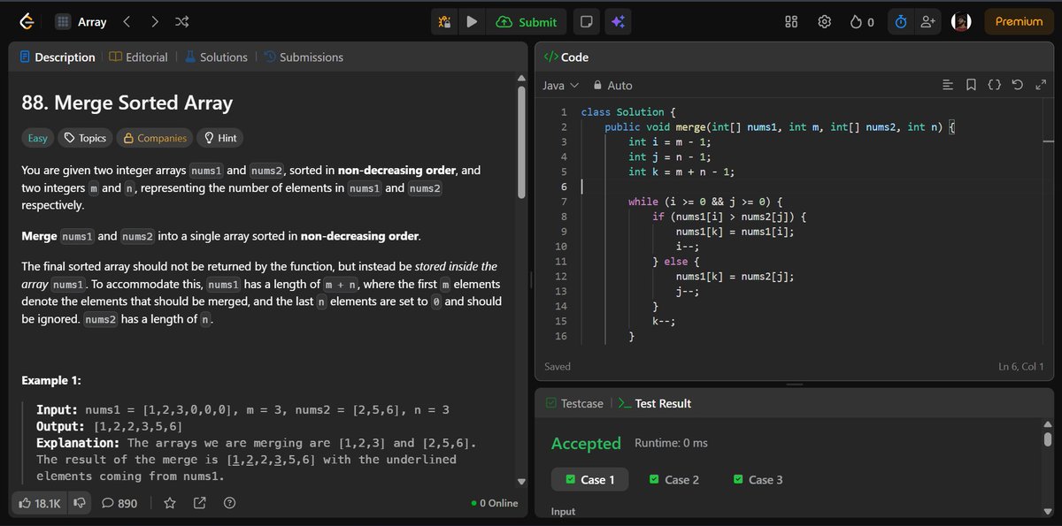 SinghMrinal04's tweet image. 🚀 Day 271 of #360DaysOfCode

➡️Leetcode #88 - Merge Sorted Array

Solved LeetCode #88 using a simple 3-pointer approach from the end — avoiding extra space and achieving O(m + n) time complexity

#LeetCode #Java #DSA #Coding #100DaysOfCode #ProblemSolving
