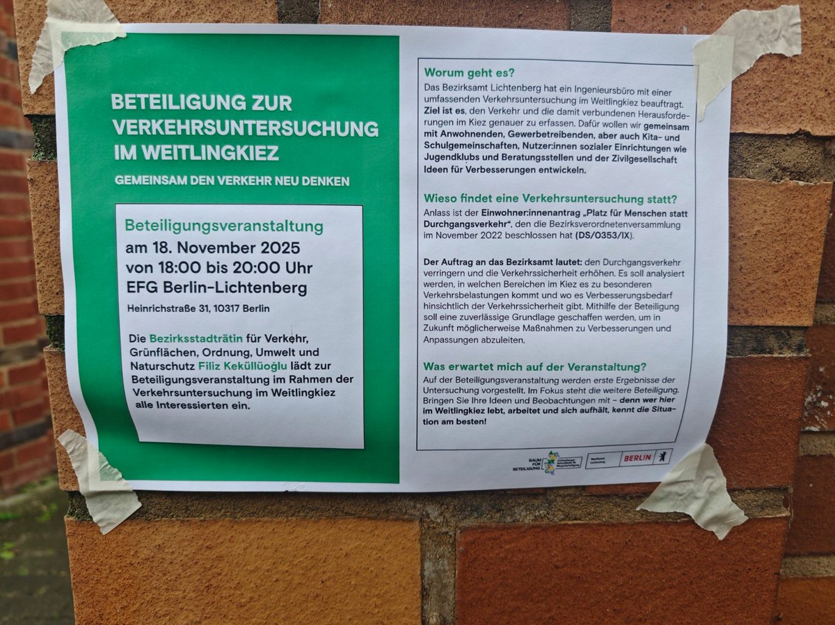 "Verkehrsuntersuchung" im Weitlingkiez am 18.11.2025 in der Heinrichstraße 31, 10317 Berlin. Also natürlich steht das Ergebnis schon fest aber wir tun mal so als wäre es ein Demokratischer akt. ;) Ließt euch den Auftrag durch. Was gibt es da noch zu Untersuchen?