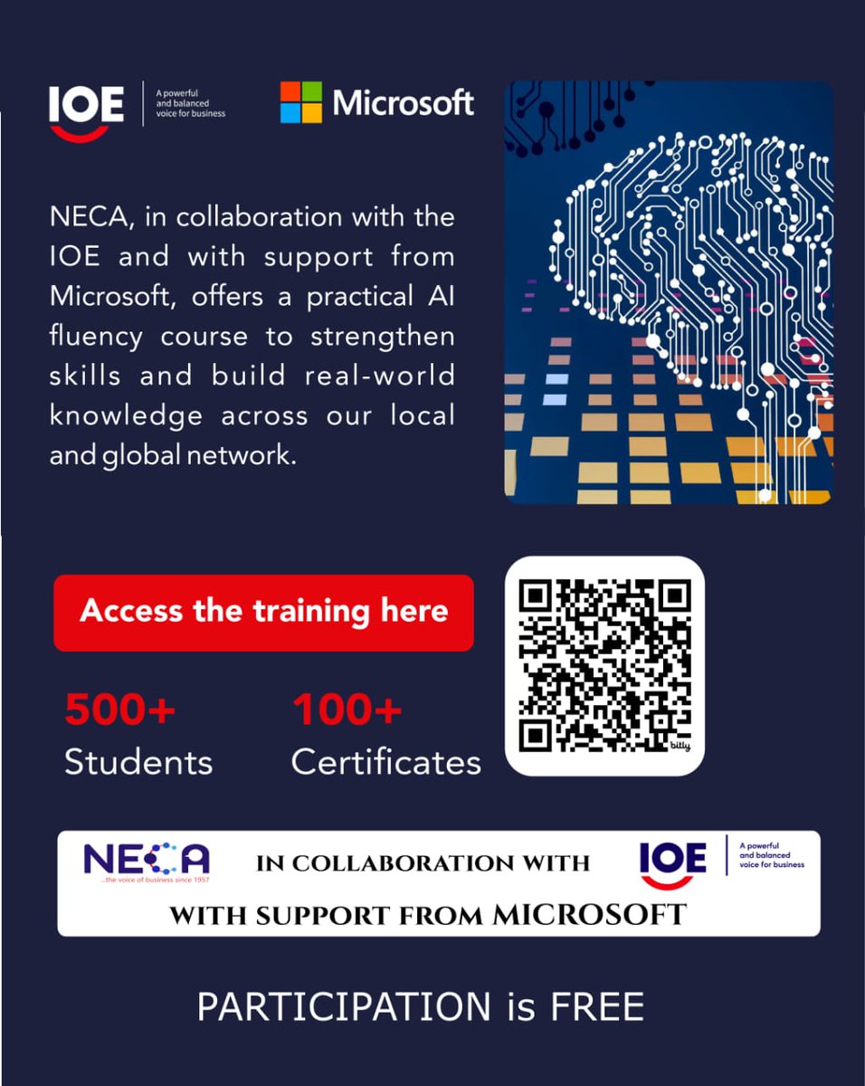 FREE AI Fluency Certification!!

NECA, in collaboration with the International Organization of Employers (IOE) and with support from Microsoft, is thrilled to announce a ground-breaking initiative: AI Xcelerate.

This pivotal initiative is designed to empower businesses by