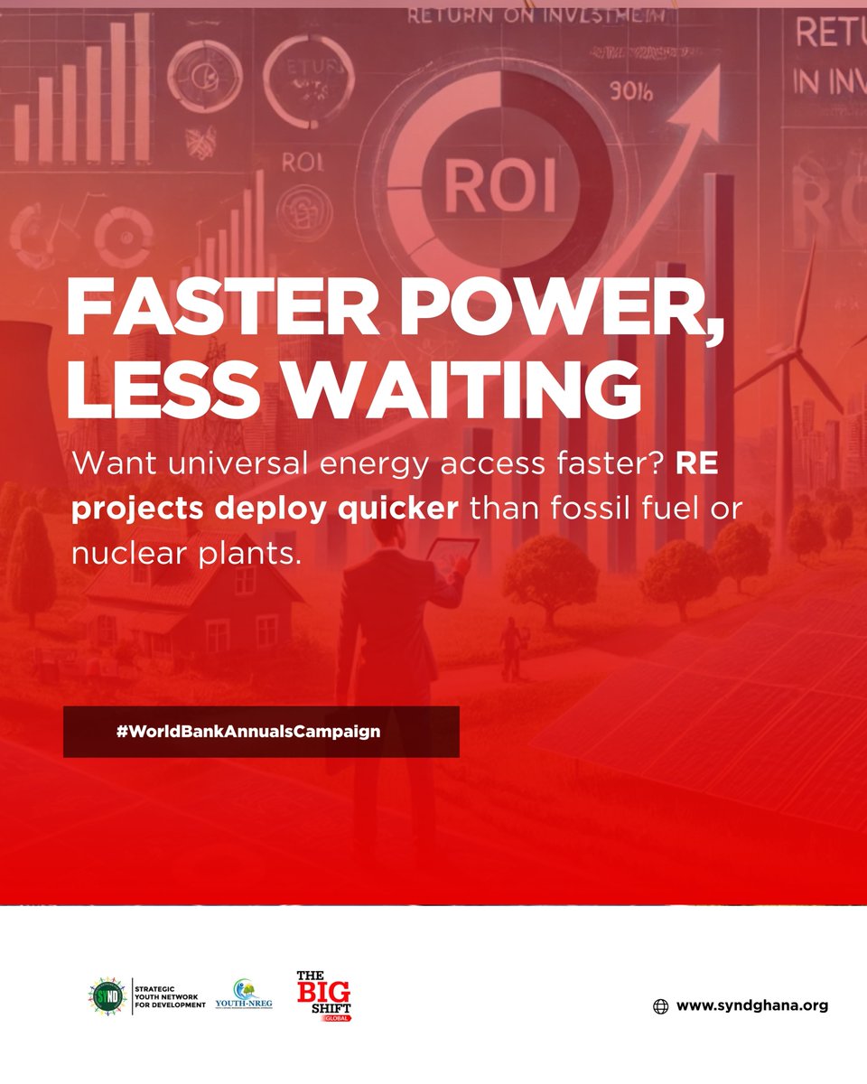 YouthNREGGh's tweet photo. Why wait decades for change when renewables can deliver today? Solar and wind projects can be built in less than 2 years, while fossil fuel and nuclear plants take 5 to 15 years.
#WorldBankAnnualsCampaign
#SayYesToRenewables 

@WBG_Energy
@WorldBank
@MoEn_Ghana 
@bigshiftglobal https://t.co/6qSn6m0069