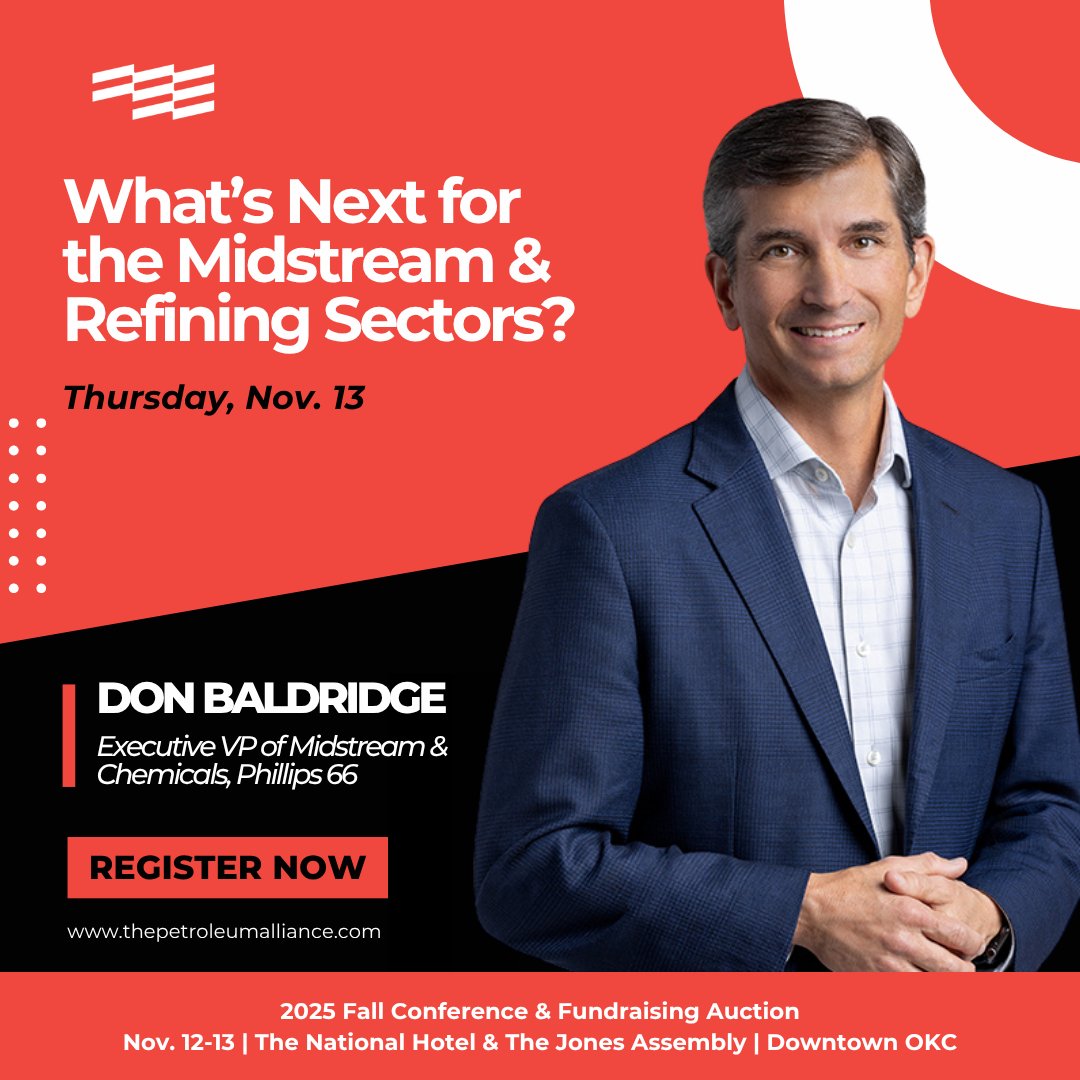 📢 Speaker Announcement 📢

Come hear from Don Baldridge, Executive VP of Midstream &amp; Chemicals at <a href="/Phillips66/">Phillips 66</a>, as he chats through all things midstream and refining at The Petroleum Alliance Fall Conference! ✅ 

➡️ Secure your spot: bit.ly/43lOtBx