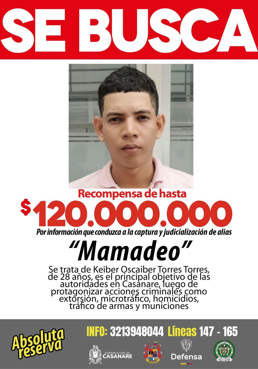 Casanare unida contra el crimen.

Alias “Mamadeo” pretende sembrar miedo y alterar la tranquilidad de nuestros comerciantes. No podemos ceder ante la estrategia de sembrar miedo en nuestro Departamento.
<a href="/PoliciaCasanare/">Departamento de Policía Casanare</a>