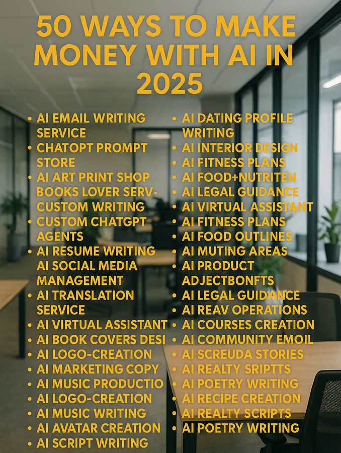 💻 Work from home using AI tools!

💰 Earn $55–$199/hr — no experience needed.

🚀 Get my FREE guide: “50 Ways to Make Money with AI in 2025.”

Includes prompt selling, content creation &amp; more!

❤️ Like, 🔁 Repost, 💬 Comment “AI,” and 🎁 Follow to get it in DMs!