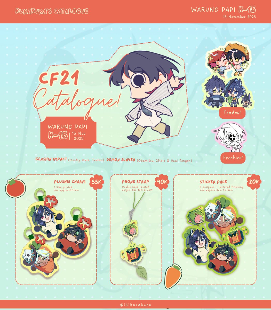 ikikurakura's tweet photo. [❤️ &amp; RTs are appreciated!♡]

Haloo here is my OTS catalogue for #CF21 ☆(⸝⸝>▽◕⸝⸝)

📍 Warung Papi | K-15ab
🗓 Nov 15th 2025 (day 1 only)
🌱 Genshin Impact, Demon Slayer
🍓 Art trade available! ⤵️

#comifuro21 #cf21catalogue https://t.co/L1RFNv825P