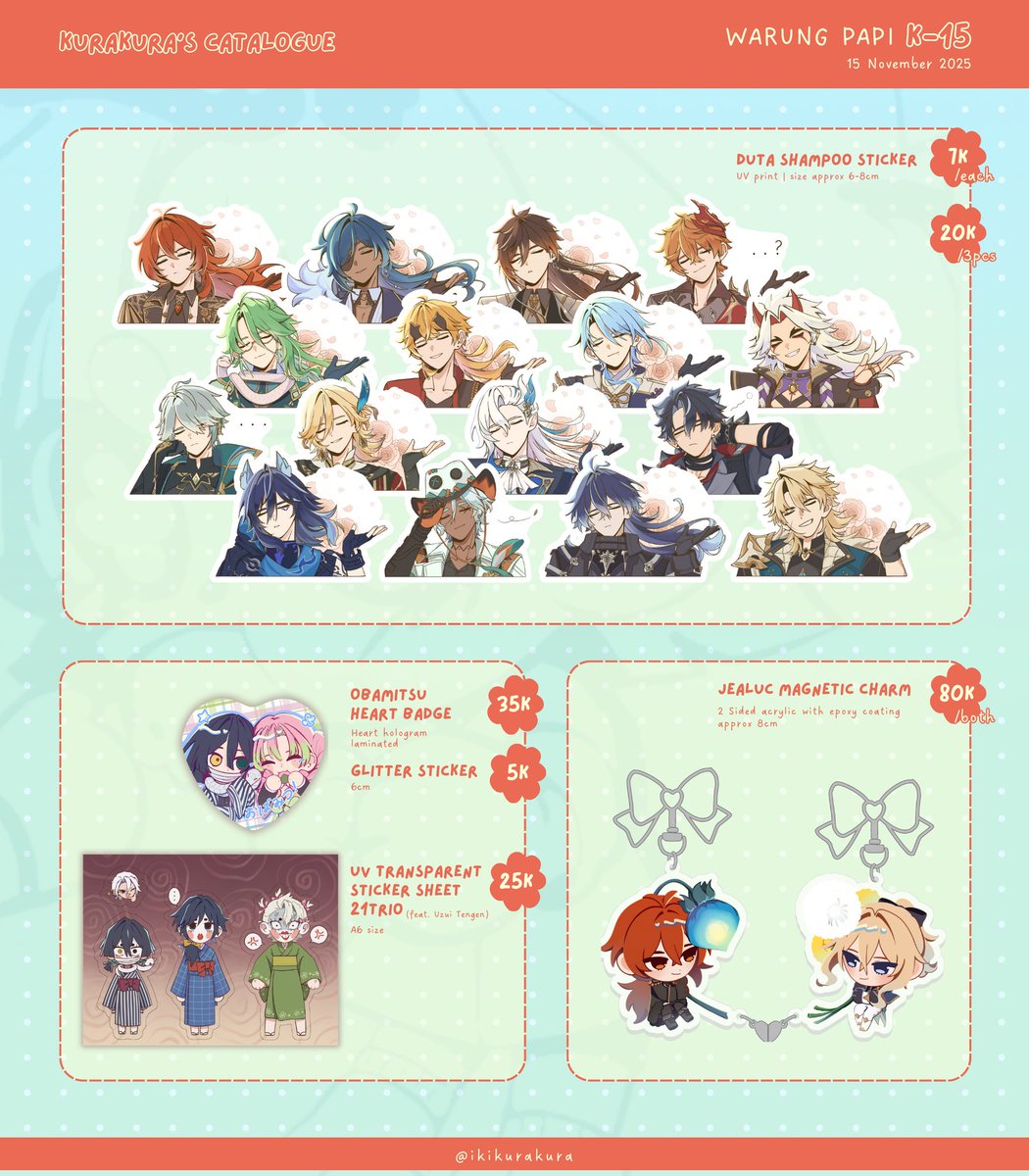 ikikurakura's tweet photo. [❤️ &amp; RTs are appreciated!♡]

Haloo here is my OTS catalogue for #CF21 ☆(⸝⸝>▽◕⸝⸝)

📍 Warung Papi | K-15ab
🗓 Nov 15th 2025 (day 1 only)
🌱 Genshin Impact, Demon Slayer
🍓 Art trade available! ⤵️

#comifuro21 #cf21catalogue https://t.co/L1RFNv825P