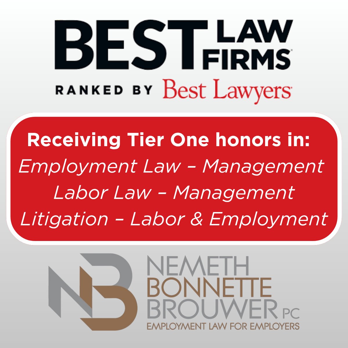 We are thrilled to again be noted in our key practice areas as a Tier One law firm in the just-released Best Law Firms ranking. Read more about the honor in the firm's press release. nemethlawpc.com/newsroom/news/… #HRlaw #laborandemployment #employmentlaw #employmentlitigation #laborlaw