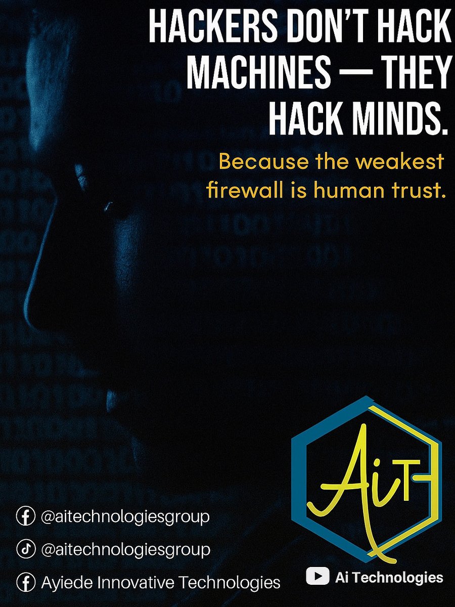 James_aiyede's tweet photo. Psychology of cybersecurity

In cybersecurity, the real battlefield isn’t in the code. It’s in human behavior. Hackers hack minds, not machines.
🔐 In cybersecurity, the real target isn’t always your system — it’s your mind.#Cybersecurity #Awareness #AITechnologies #DigitalTrust https://t.co/Yl3JNIEZQg