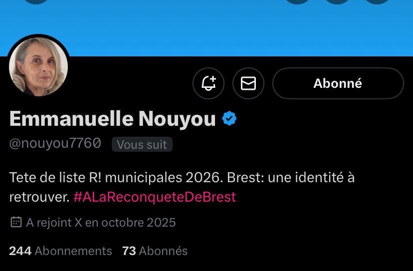 La #reconquête de #Brest commence dès aujourd'hui et elle a un visage : Emmanuelle Nouyou qui sera tête de liste <a href="/Reconquete_off/">RECONQUÊTE !</a>/<a href="/HermanFran77642/">RECONQUÊTE FINISTÈRE OFF</a> pour les #Municipales2026 afin que Brest reste Brest, que la France reste la France.

👉 Suivez là sur X : <a href="/nouyou7760/">Emmanuelle Nouyou</a>