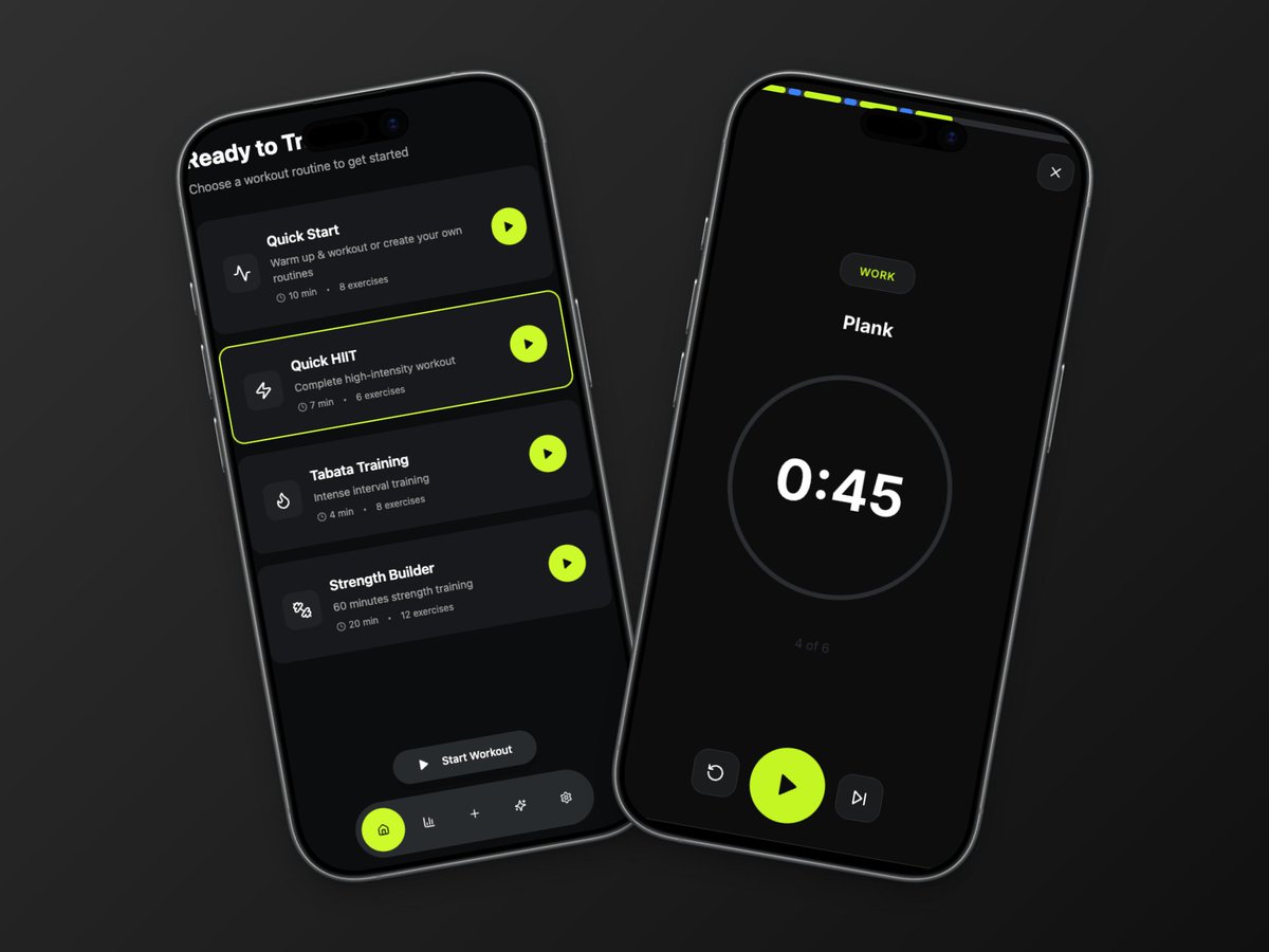 victrdev's tweet photo. Remember Axen, the custom workout app I’ve been building?

I wanted this clean, techy, glowing look — futuristic and sharp.

Then I built the actual app… and the colors didn’t match.
Tried forcing the same glow style inside the app — it looked awful.
So I paused. Looked closer at what Axen really is.
It’s about clarity, focus, no distractions.
Not “flashy”, not “pretty for screenshots”.

I simplified everything — flat colors, dark base, one accent tone.
Risky move, but it finally feels like the product.

Sometimes the design finds its truth when you stop trying to impress it.

#ux #ui #uxdesign #uidesign #buildinpublic #workout #gym #fitness