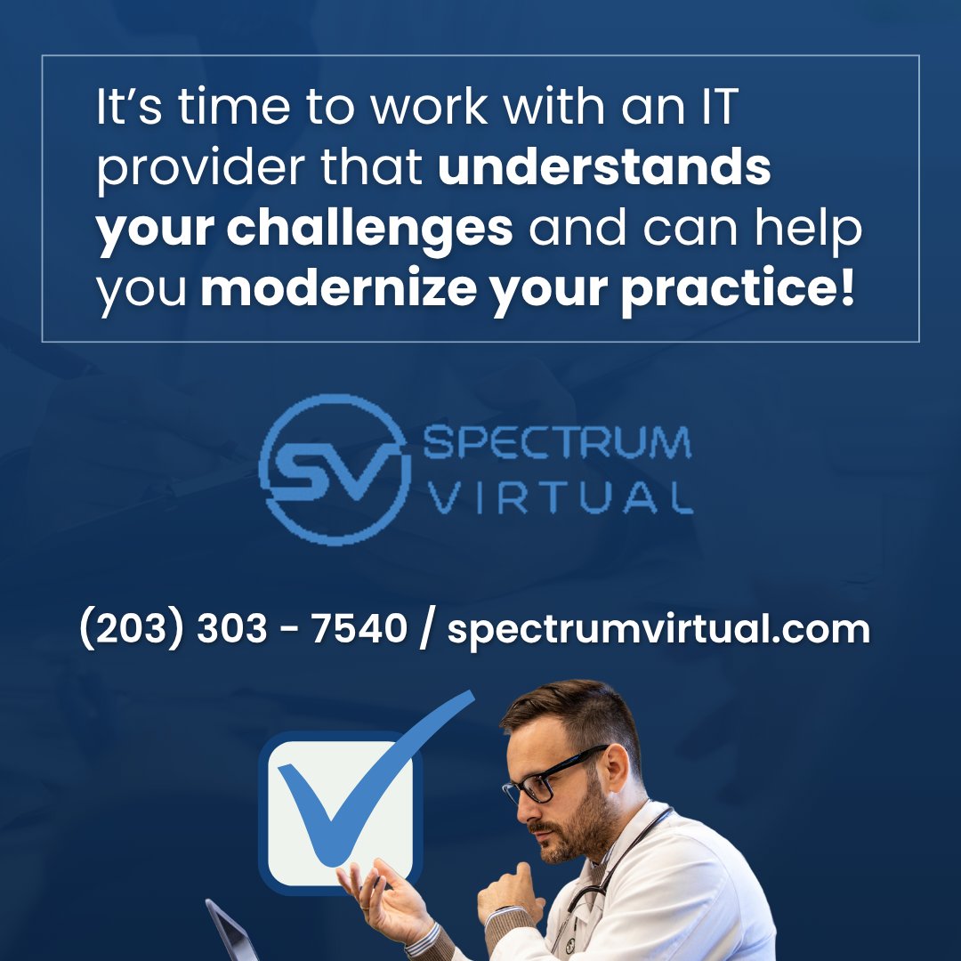 spectrumvirt's tweet image. Is your healthcare tech slowing you down? We’ll help you implement best practices that improve patient care and efficiency. Send us a message at spectrumvirtual.com! 💡

#SpectrumVirtual #HealthcareIT #TechEfficiency #ManagedIT #PatientCare #ITSupport