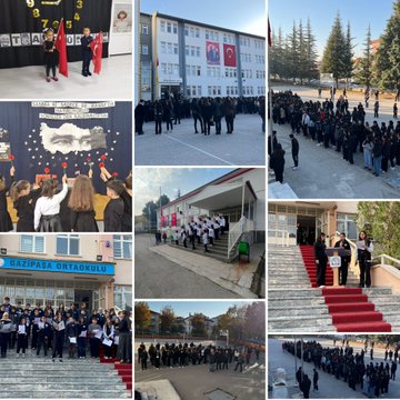 Multiple collage images from school events: students in uniforms lined up outdoors near school buildings with Turkish flags, a statue of Atatürk, groups singing or standing at attention, a band performing, people in traditional attire holding flags, red carpet ceremonies, and banners with Turkish motifs and school names like Ziya Gökalp İlkokulu and Vezirköprü schools. Children and teachers participate in formal gatherings, some holding photos or wreaths. Scenes include indoor and outdoor settings with clear skies and autumn foliage.